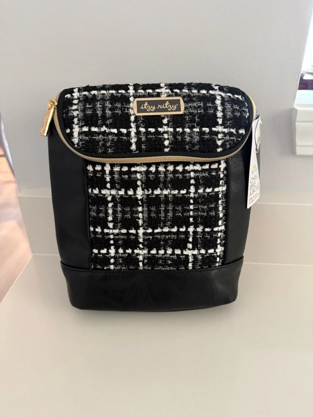 Itzy Ritzy Black & White Tweed Men’s Backpack with Gold Accents